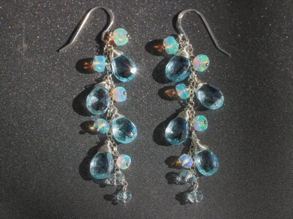 Blue Topaz and Ethiopian Opal Earrings, Cascade Linear Earrings