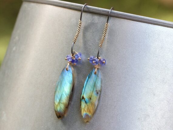 Labradorite Earrings with Tanzanite, Long Gemstone Dangle Earrings in Oxidized Silver and Gold Filled, One of a Kind