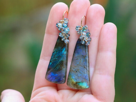 Large Labradorite Earrings with Blue Spinel, Gemstone Earrings in 14K Gold Filled, One of a Kind