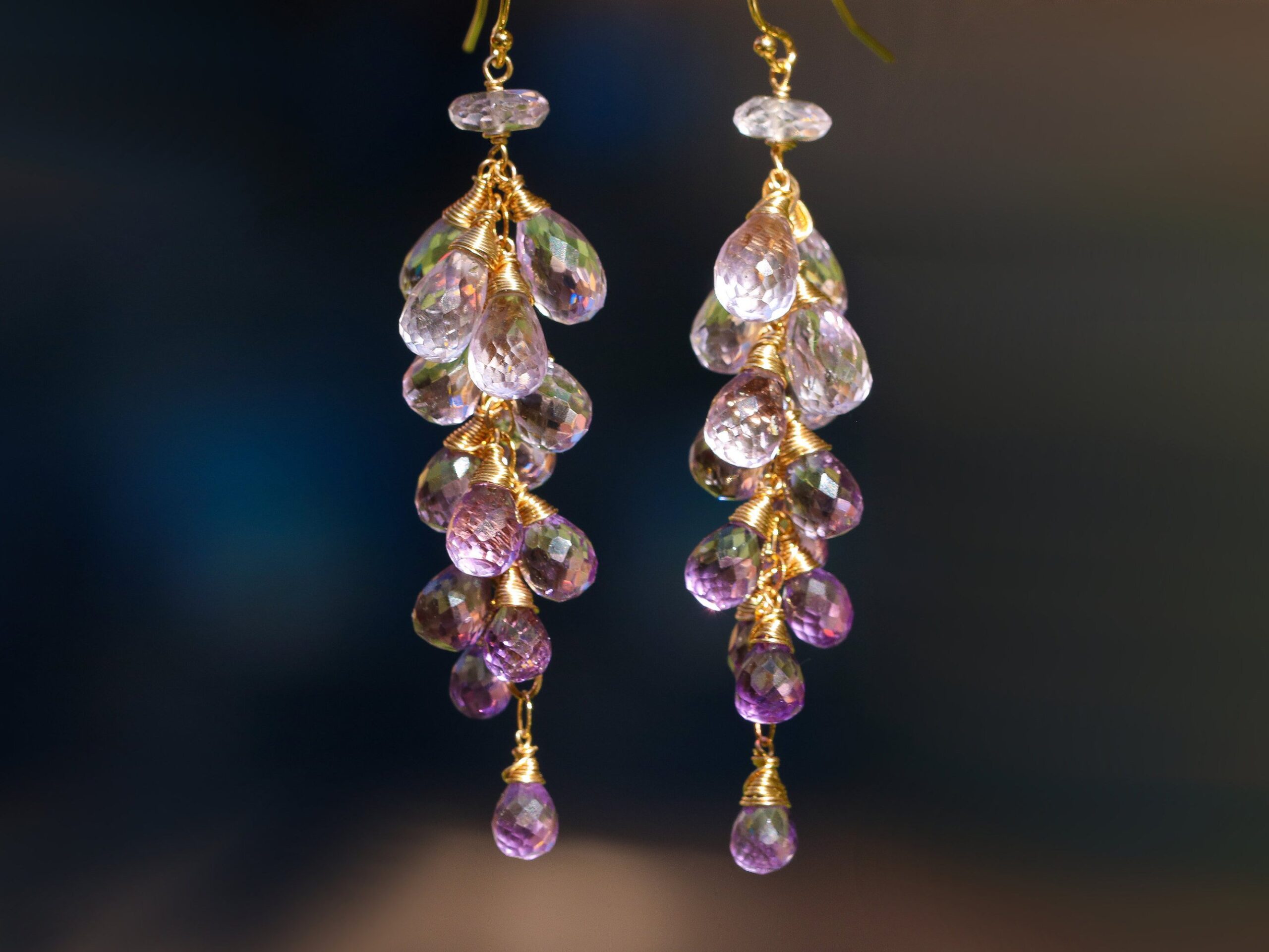 - Solid Gold 14K Pink Amethyst Long Cluster Earrings, Wire Wrapped Gemstone Statement Earrings