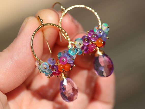 Pink Amethyst Multi Gemstone Dangle Hoop Earrings in Gold Filled