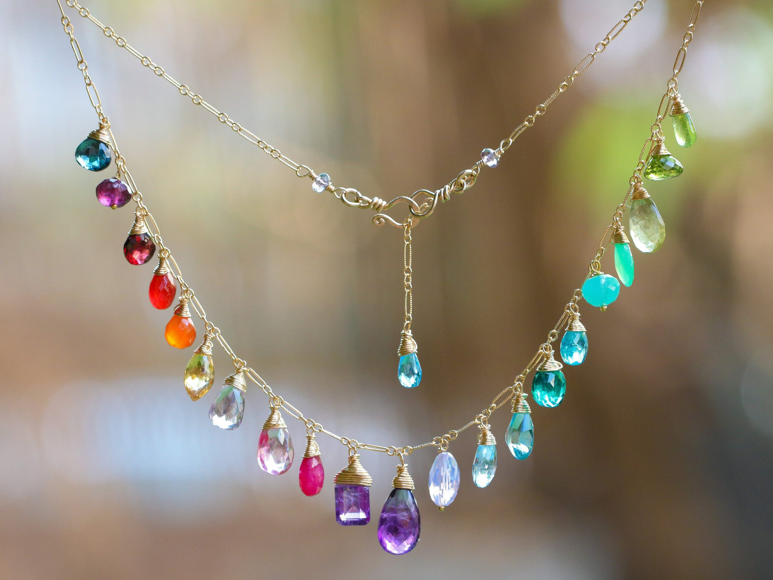 The Fancy Day Necklace - Rainbow Multi Gemstone Necklace in Gold Filled, Precious Drop Necklace
