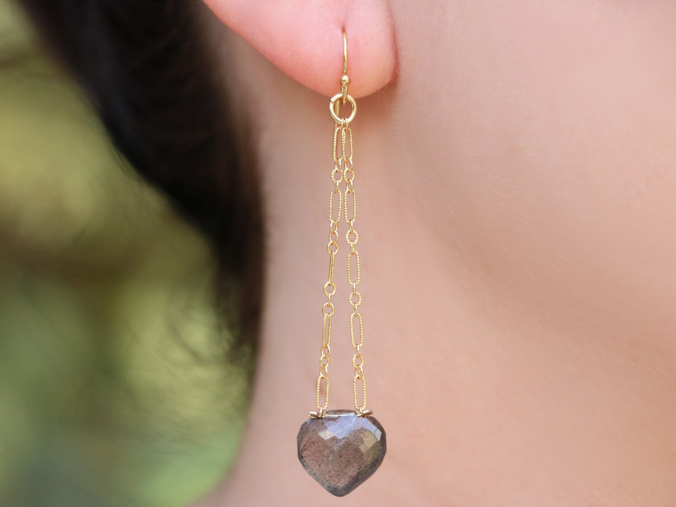 Long Labradorite Earrings in Gold Filled, Gemstone Dangle Earrings with Gray Gemstone