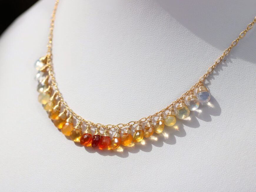 Mexican Fire Opal Orange Gemstone Ombre Necklace in Gold Filled