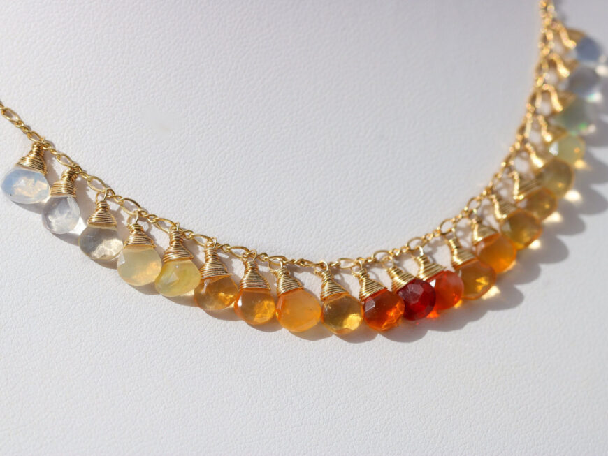 Solid Gold 14K Mexican Fire Opal Orange Gemstone Ombre Necklace