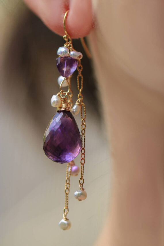 Purple Amethyst Earrings with Dangle Pearls in Gold Filled