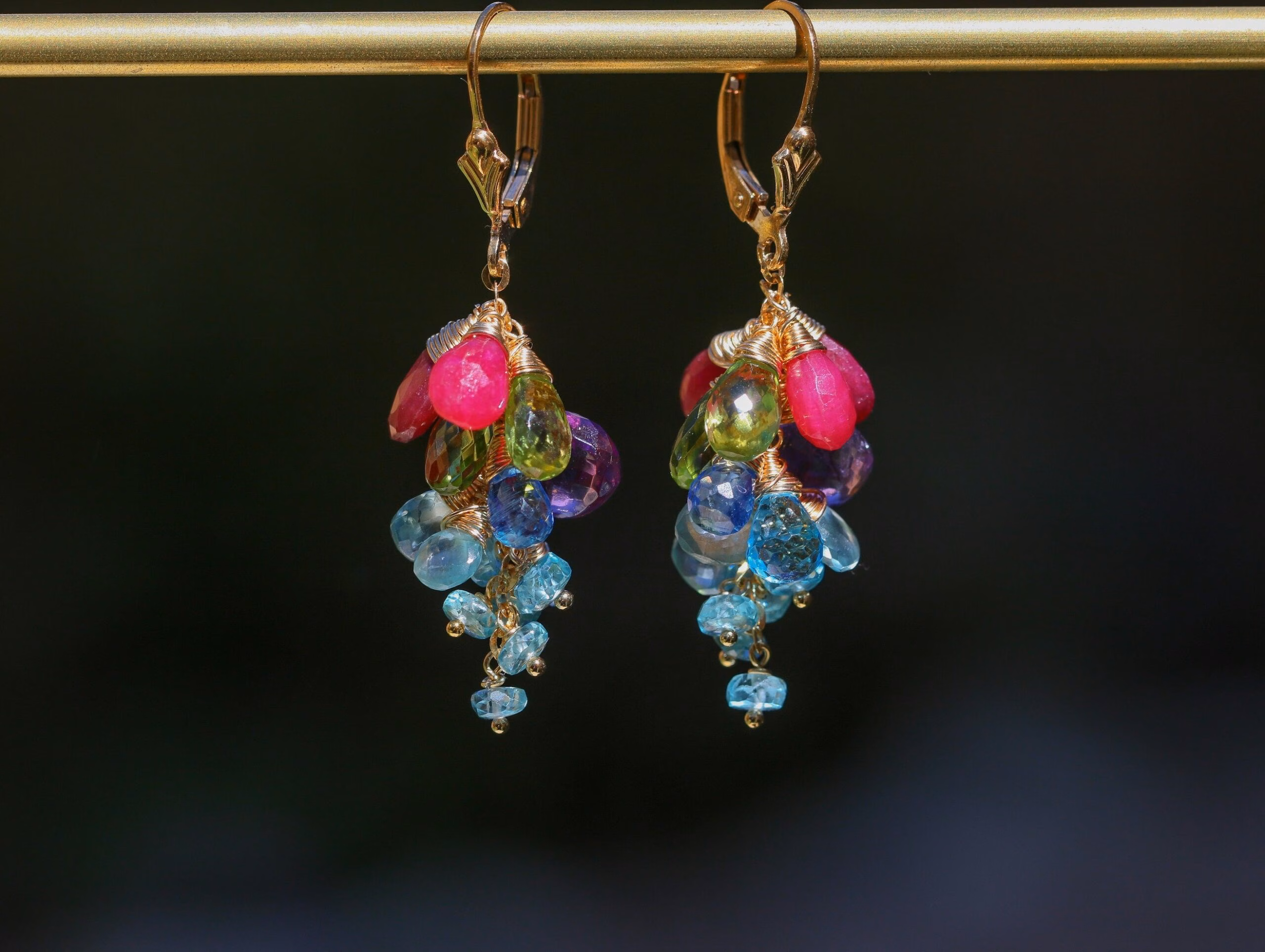- Solid Gold 14K Semi Precious Gemstone Earrings, Short Cluster Earrings