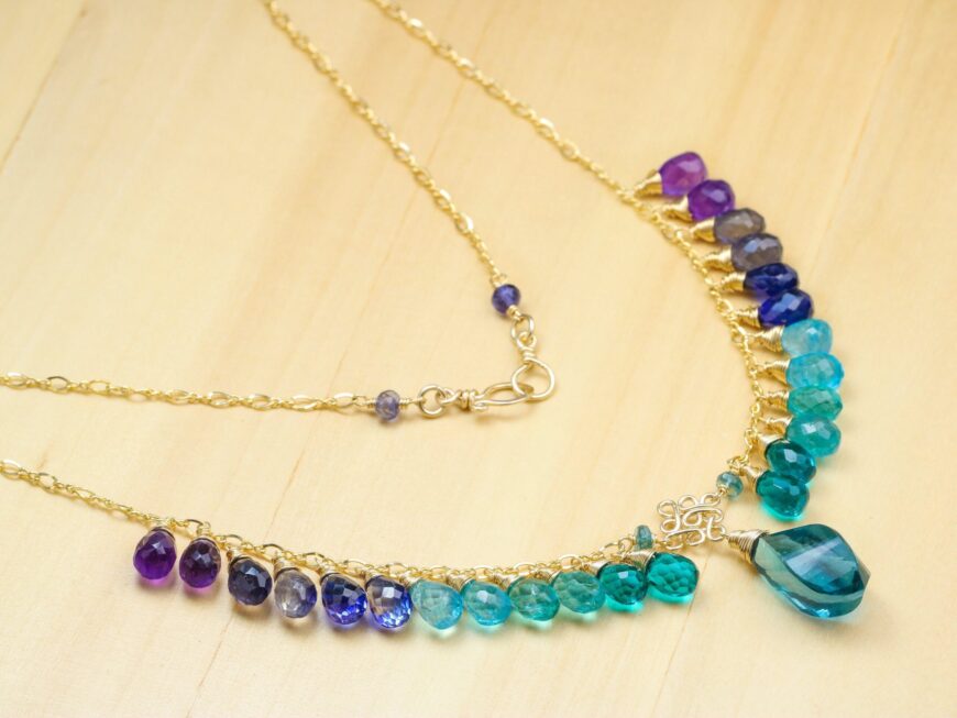 Solid Gold 14K Teal Blue Fluorite Semi Precious Gemstone Necklace, Multi Gemstone Statement Necklace