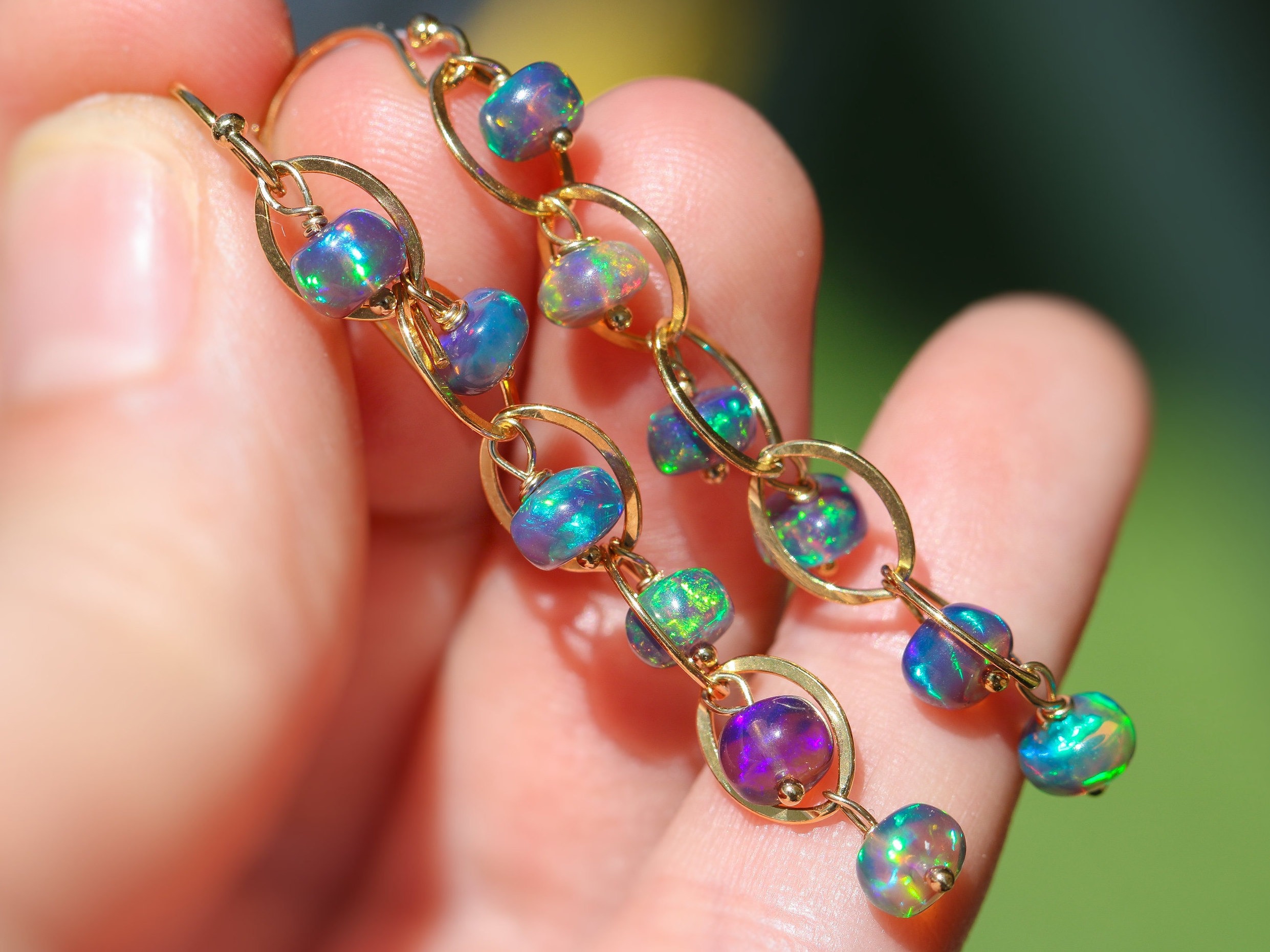 Blue Black Opal Earrings, Black Ethiopian Opal Dangle Earrings in Gold