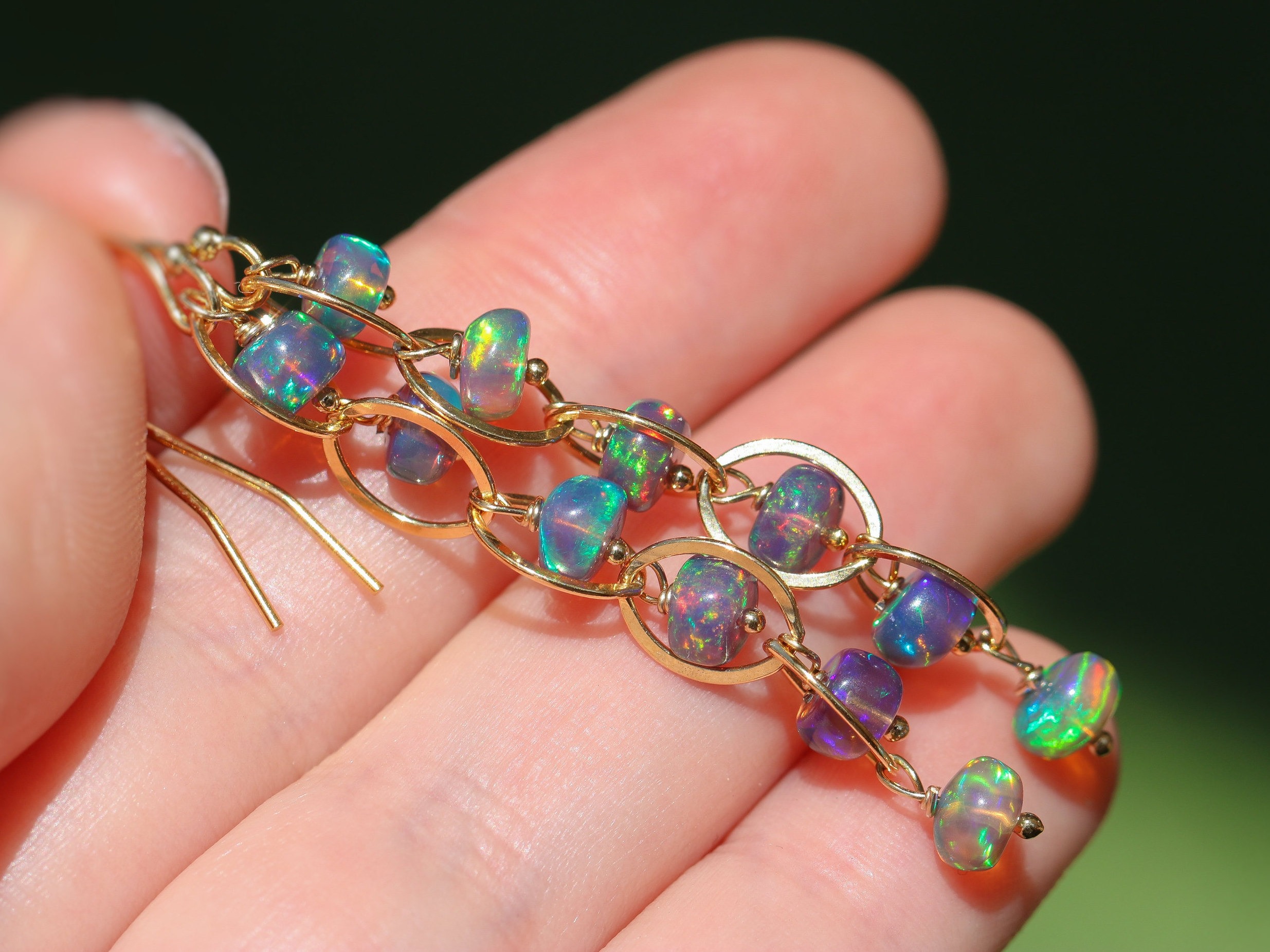 Blue Black Opal Earrings, Black Ethiopian Opal Dangle Earrings in Gold