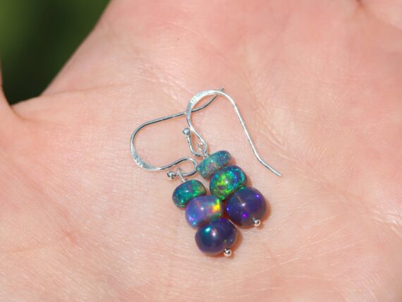 Blue Black Opal Earrings, Dangle Small Gemstone Earrings in Gold Filled