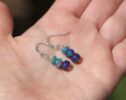 Blue Black Opal Earrings, Dangle Small Gemstone Earrings in Gold Filled