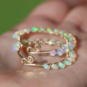 The Elixir Earrings – Solid Gold 14K Ethiopian Opal Wire Wrapped Gemstone Hoop Earrings