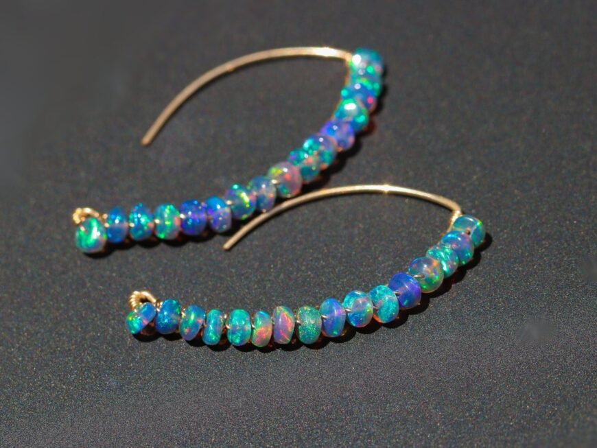 Solid Gold 14K Blue Black Opal Earrings, Ethiopian Opal Threader Open Hoop Earrings