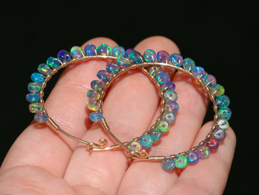 Solid Gold 14K Blue Black Opal Wire Wrapped Gemstone Hoop Earrings