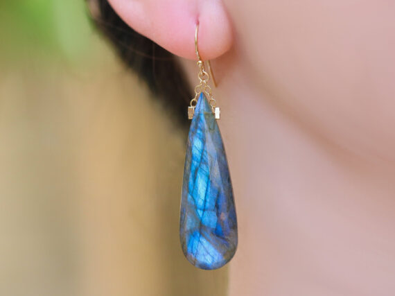 Large Blue Labradorite Earrings in Gold Filled, Statement Labradorite Earrings with Blue Fire, One of a Kind
