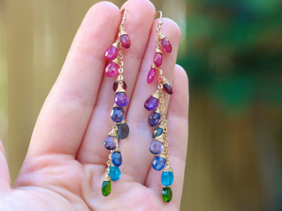 Solid Gold 14K Multi Gemstone Earrings Wire Wrapped, Colorful Precious Earrings