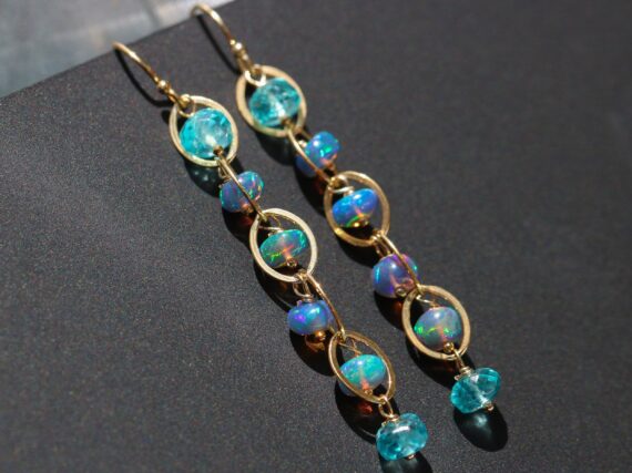 Blue Black Opal Earrings with Apatite, Black Ethiopian Opal Dangle Earrings in Gold