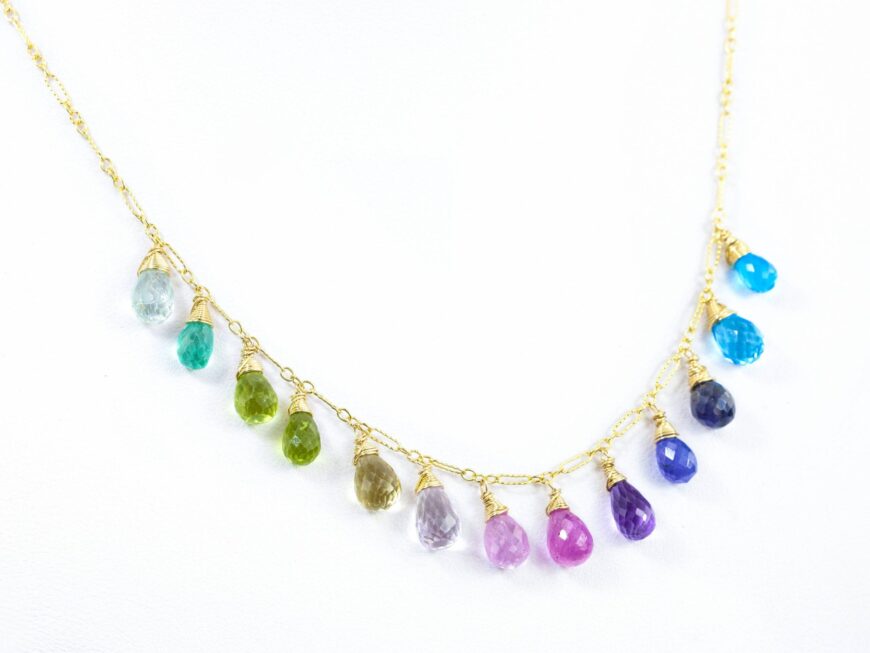 Solid Gold 14K Multi Gemstone Colorful Rainbow Drop Earrings, Linear Long Earrings