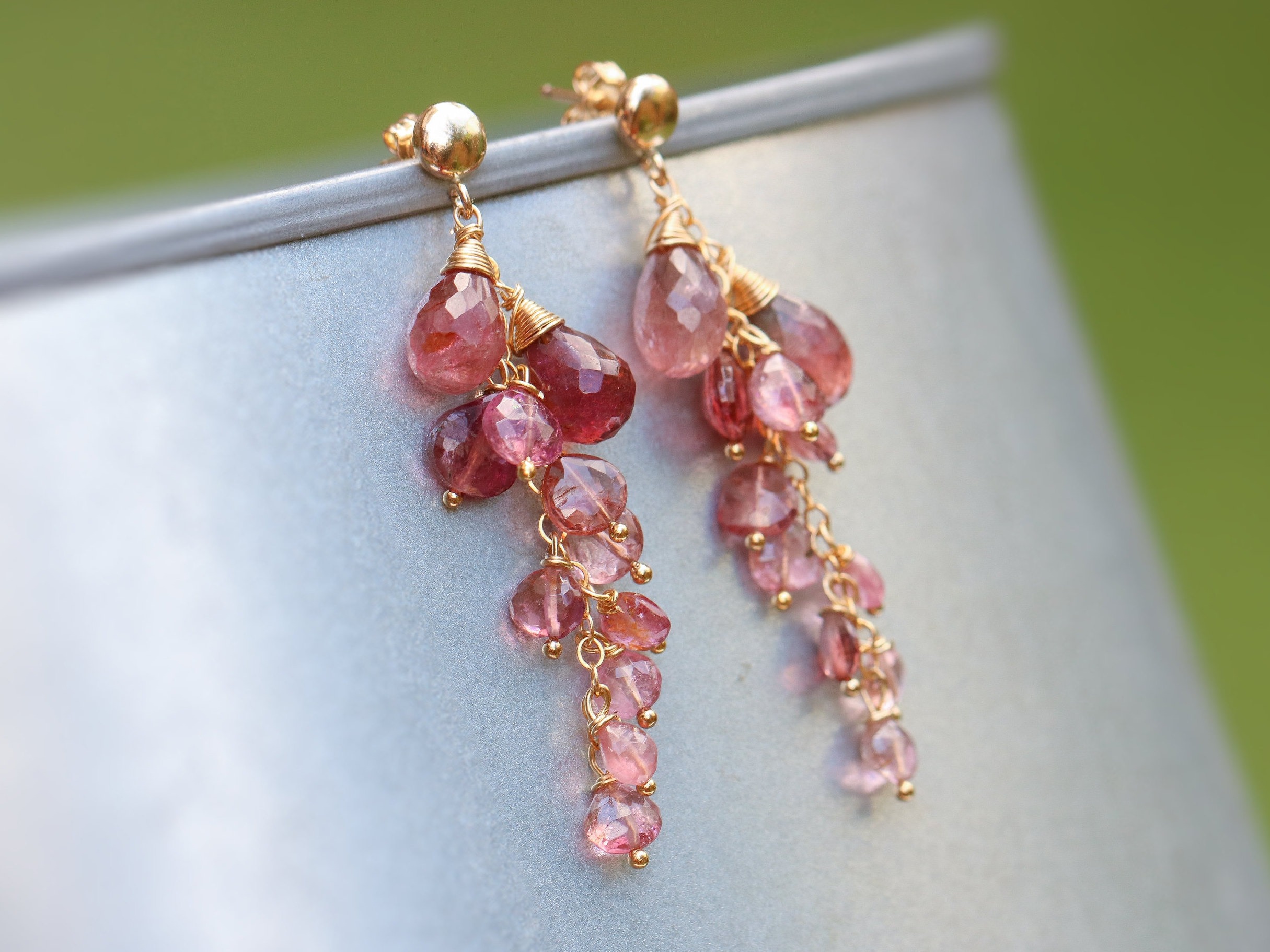 Peach Tourmaline Cluster Earrings, Statement Earrings in Gold Filled, One of a Kind