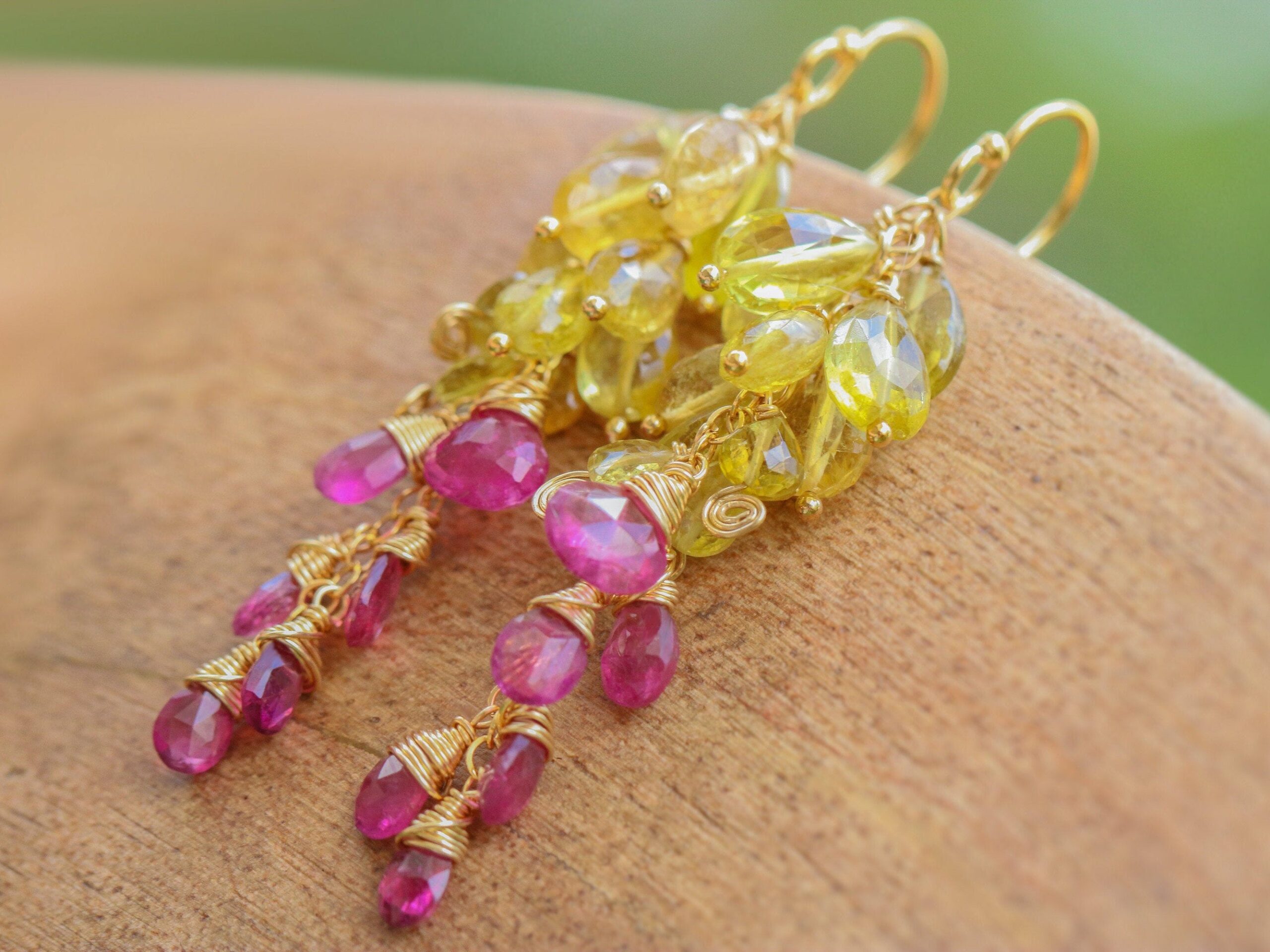 Rubellite Pink and Yellow Tourmalne Earrings, Precious Cluster Earrings in Gold Filled