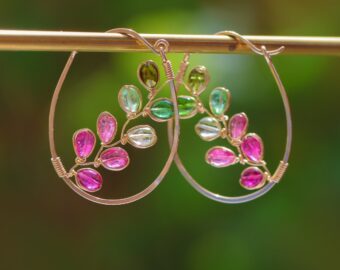 Tourmaline Hoop Earrings, Tourmaline Vines Wire Wrapped in Gold Filled