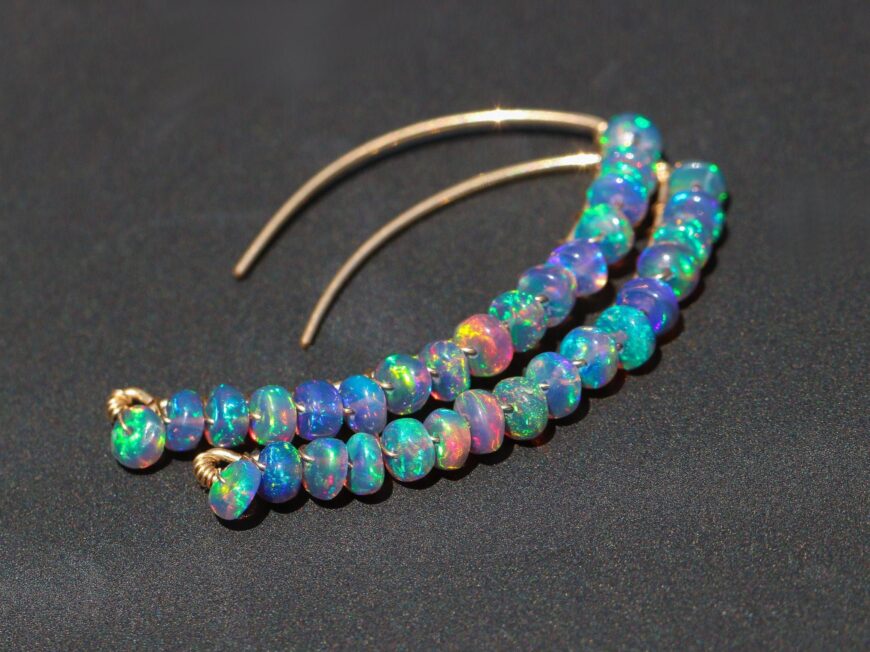 Solid Gold 14K Blue Black Opal Earrings, Ethiopian Opal Threader Open Hoop Earrings