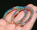 Solid Gold 14K Blue Black Opal Wire Wrapped Gemstone Hoop Earrings