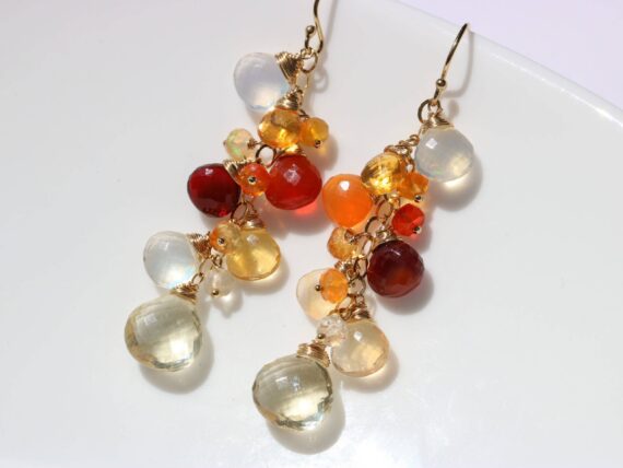 Solid Gold 14K Mexican Fire Opal Dangle Gemstone Earrings, Statement Earrings