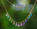 Solid Gold 14K Multi Gemstone Colorful Rainbow Necklace