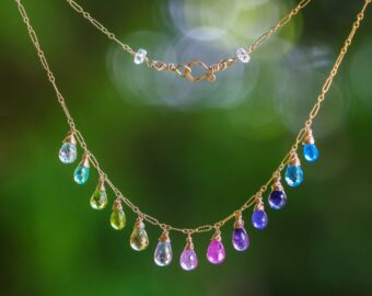 Solid Gold 14K Multi Gemstone Colorful Rainbow Necklace