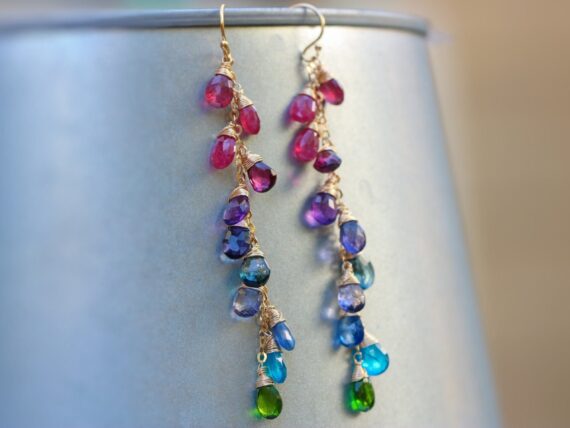 Solid Gold 14K Multi Gemstone Earrings Wire Wrapped, Colorful Precious Earrings