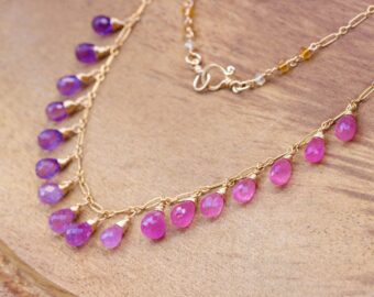 Solid Gold 14K Pink Sapphire and Purple Amethyst Drop Necklace, Dainty Gemstone Necklace
