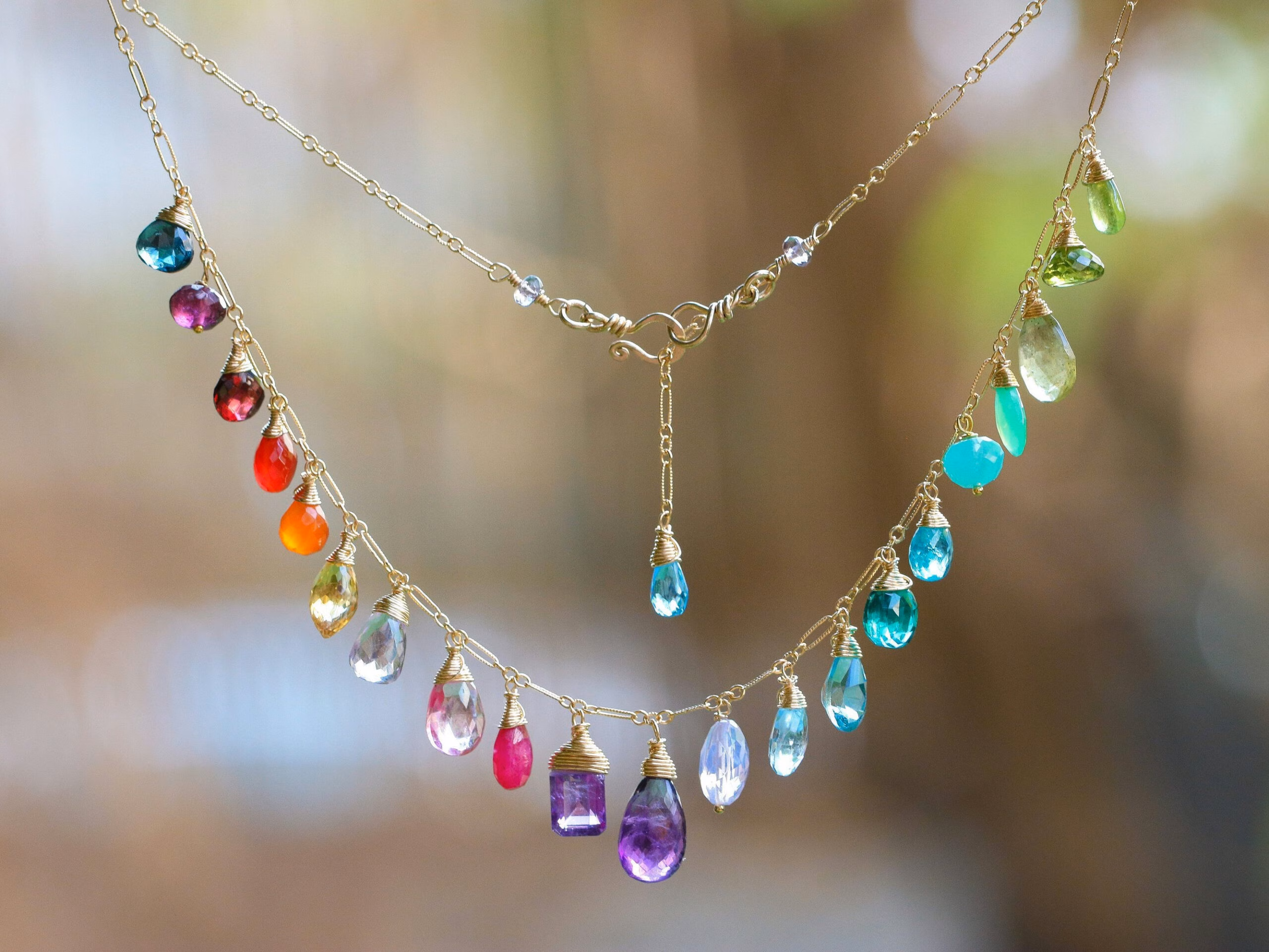 - Solid Gold 14K Rainbow Multi Gemstone Necklace in Solid Gold, Precious Drop Necklace