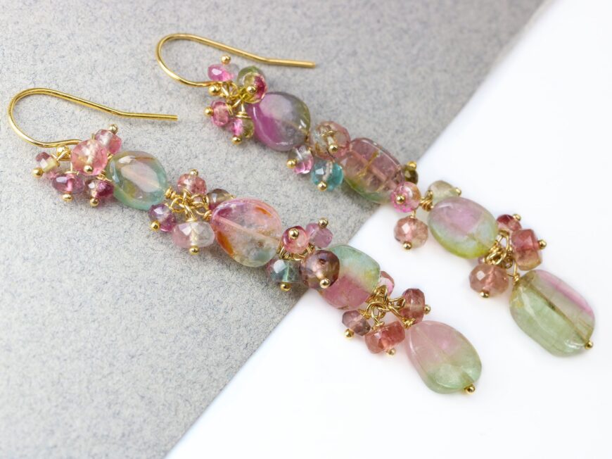 Watermelon Tourmaline Linear Earrings, Luxury Collection 14K Gold Filled, One of a Kind