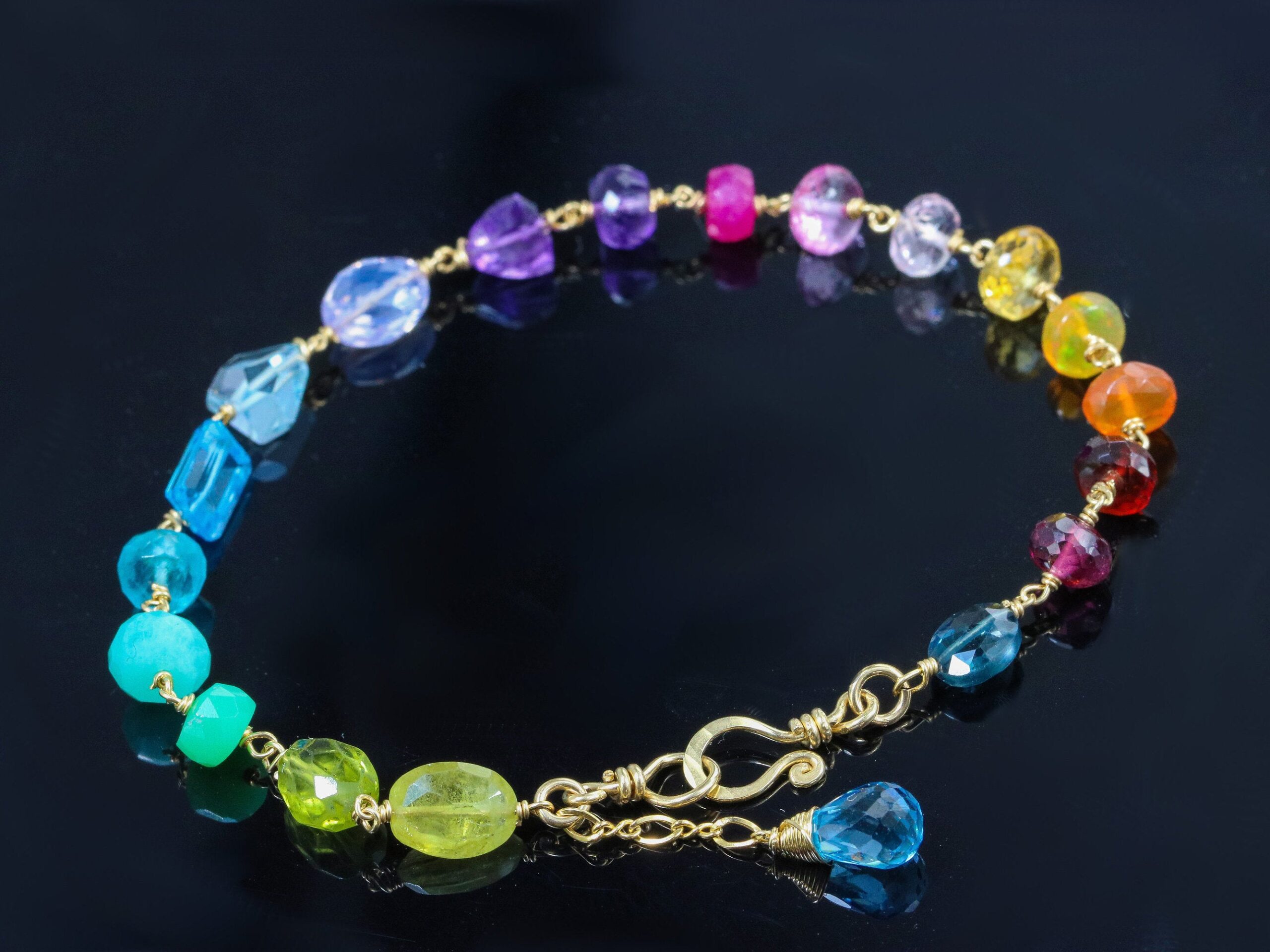 Solid Gold 14K Rainbow Precious Gemstone Bracelet Wire Wrapped