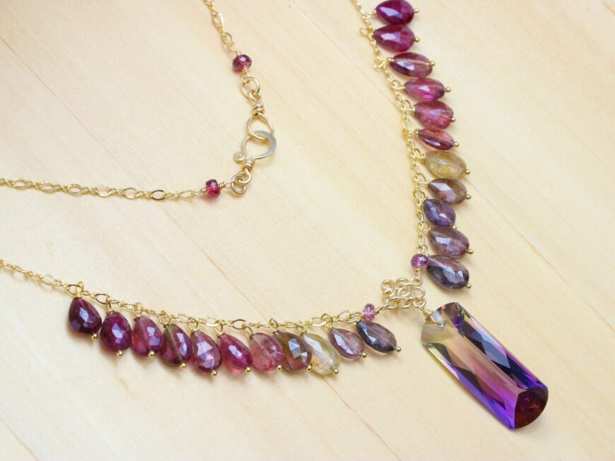 Ametrine Necklace with Magenta Tourmaline, Statement Necklace in Gold Filled