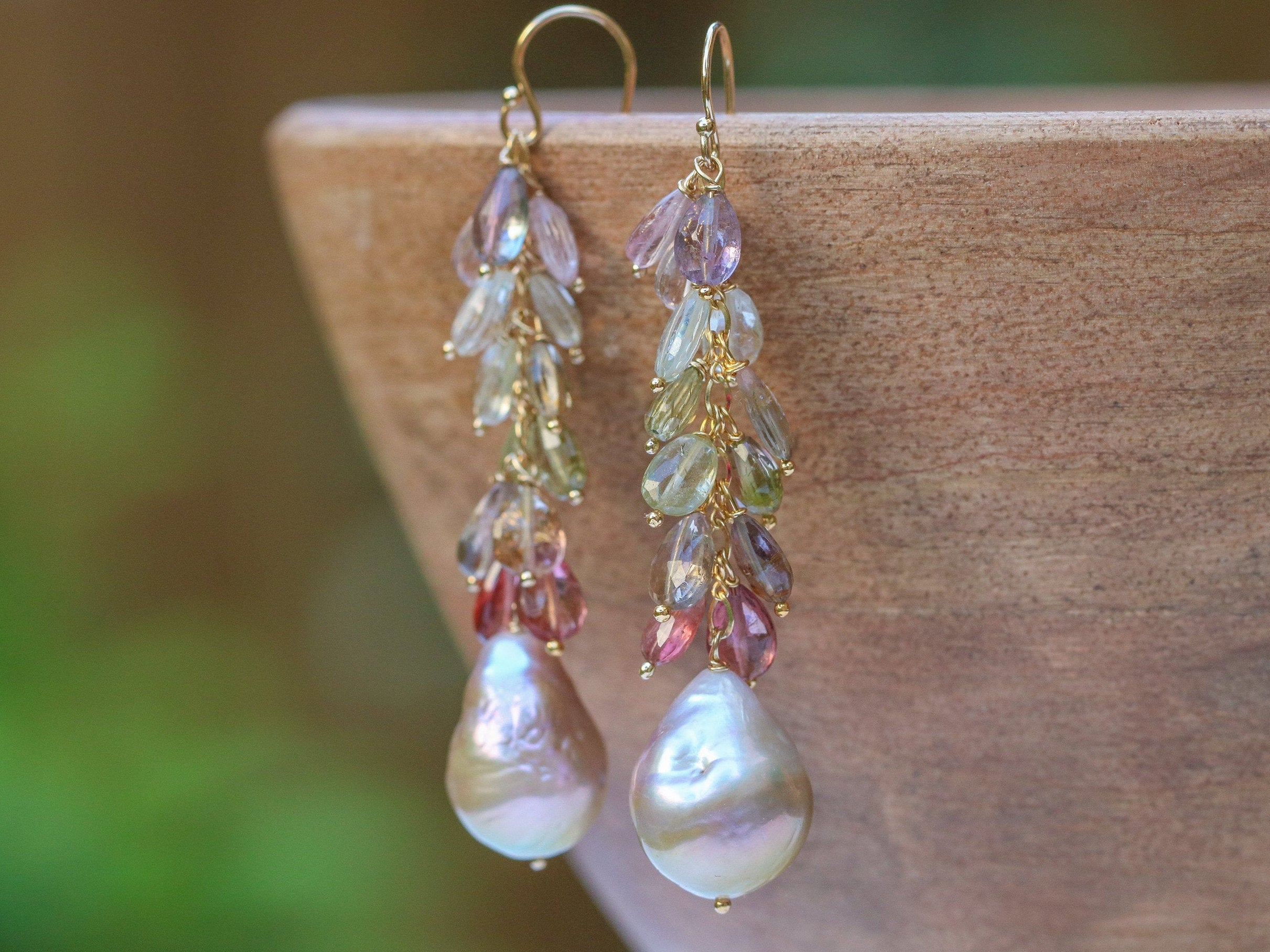 Baroque Pearl Earrings with Tourmaline, Statement Gemstone Earrings in Gold Filled, One of a Kind