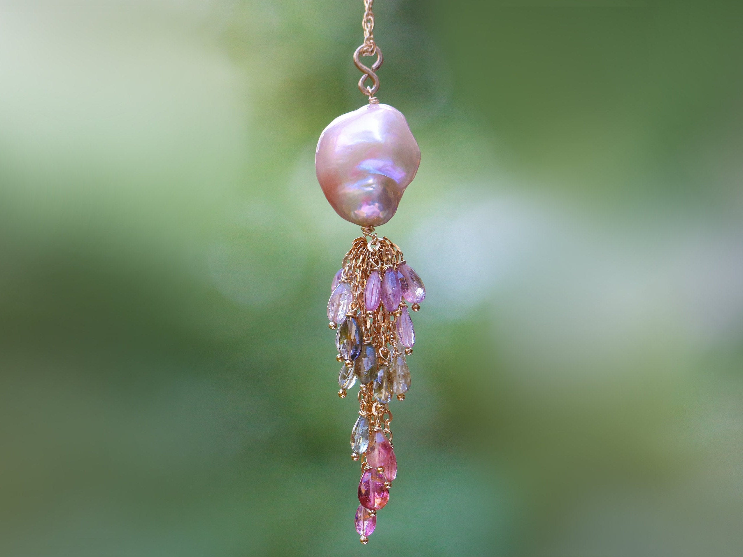 Baroque Pearl Pendant with Tourmaline Fringes, Statement Gemstone Pendant in Gold Filled, One of a Kind