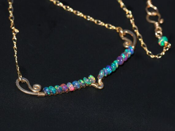 Solid Gold 14K Black Opal Gemstone Bar Necklace