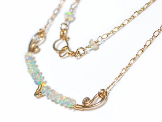 Ethiopian Opal Gemstone Bar Necklace Wire Wrapped in Gold Filled