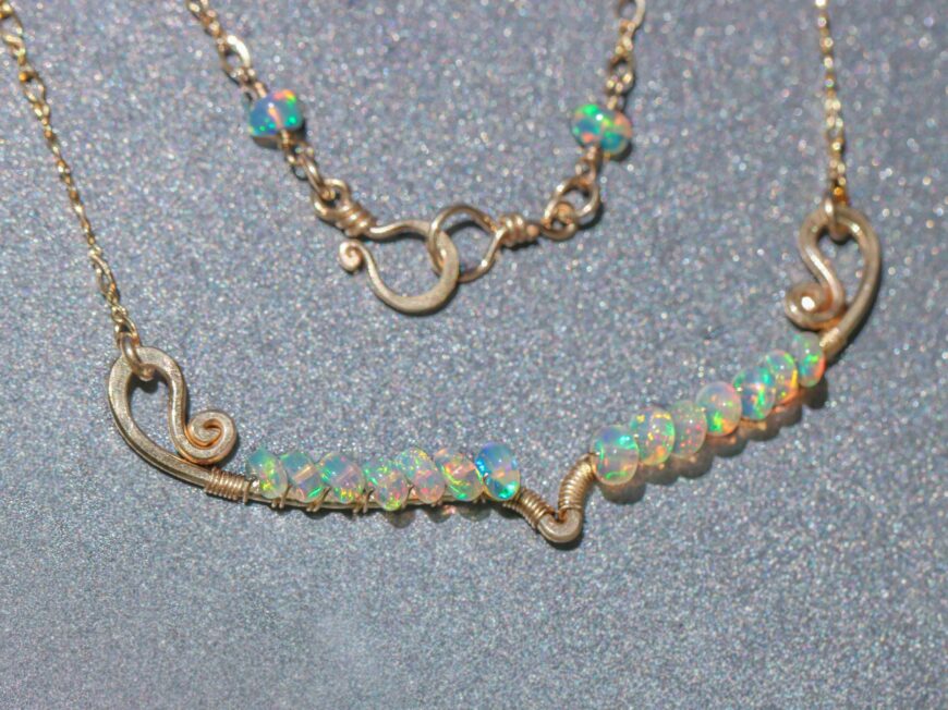 Solid Gold 14K Ethiopian Opal Gemstone Bar Necklace
