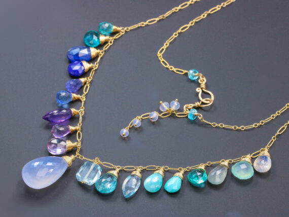 Solid Gold 14K Aqua Blue Purple Multi Gemstone Necklace, Precious Drop Necklace