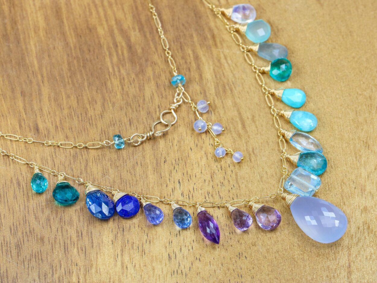 Solid Gold 14K Aqua Blue Purple Multi Gemstone Necklace, Precious Drop ...