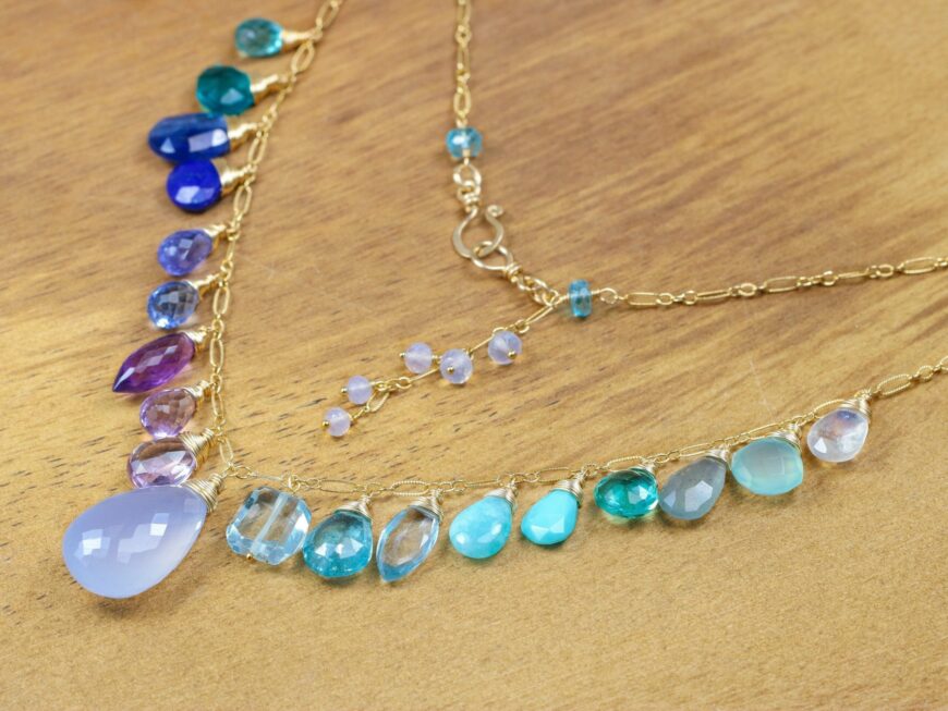 Solid Gold 14K Aqua Blue Purple Multi Gemstone Necklace, Precious Drop ...
