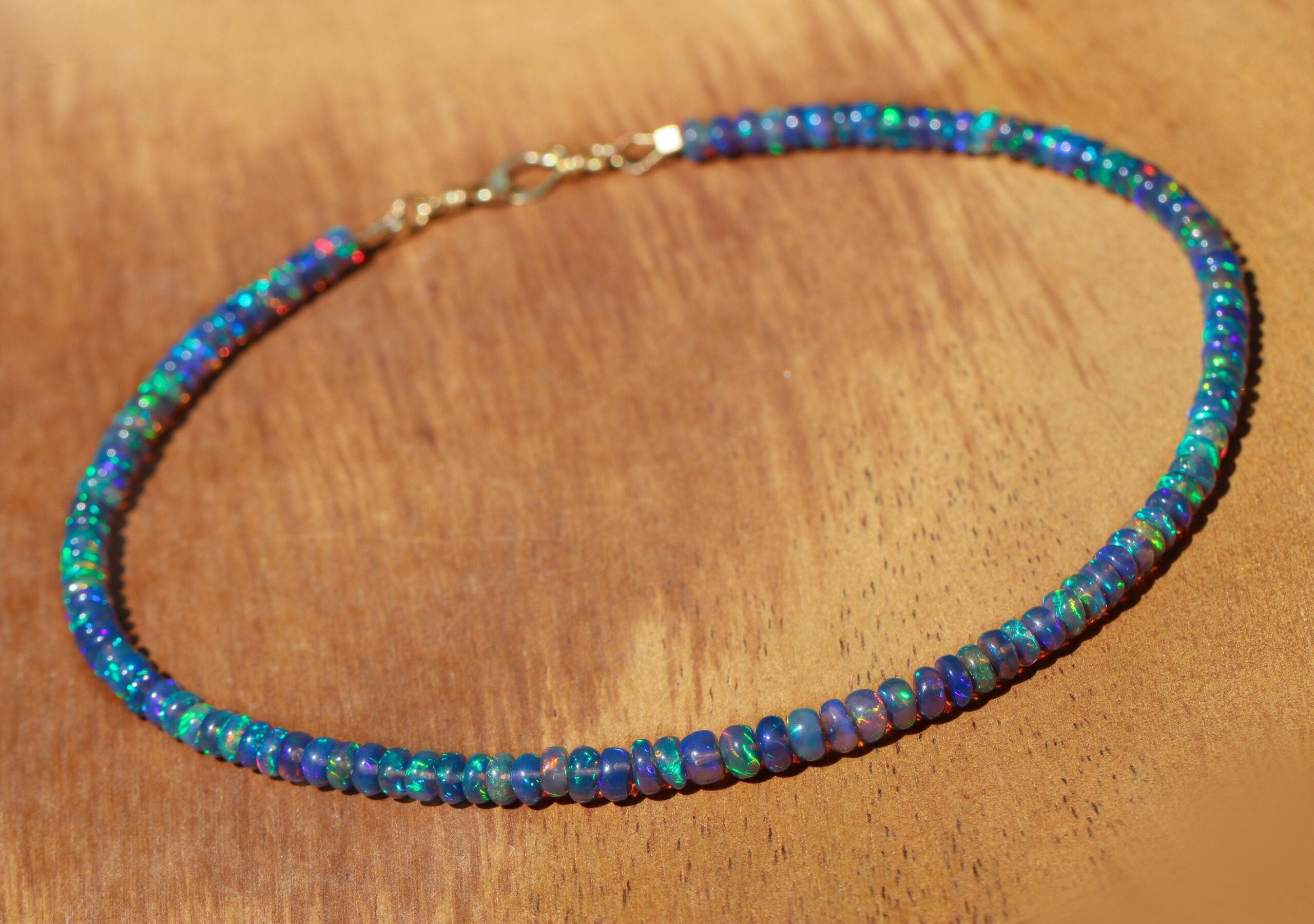 Solid Gold 14K Blue Black Opal Necklace, Genuine Ethiopian Opal Choker