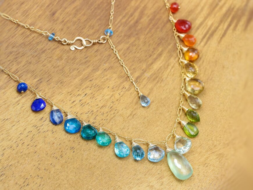 Solid Gold 14K Rainbow Multi Gemstone Necklace, Precious Drop Necklace ...