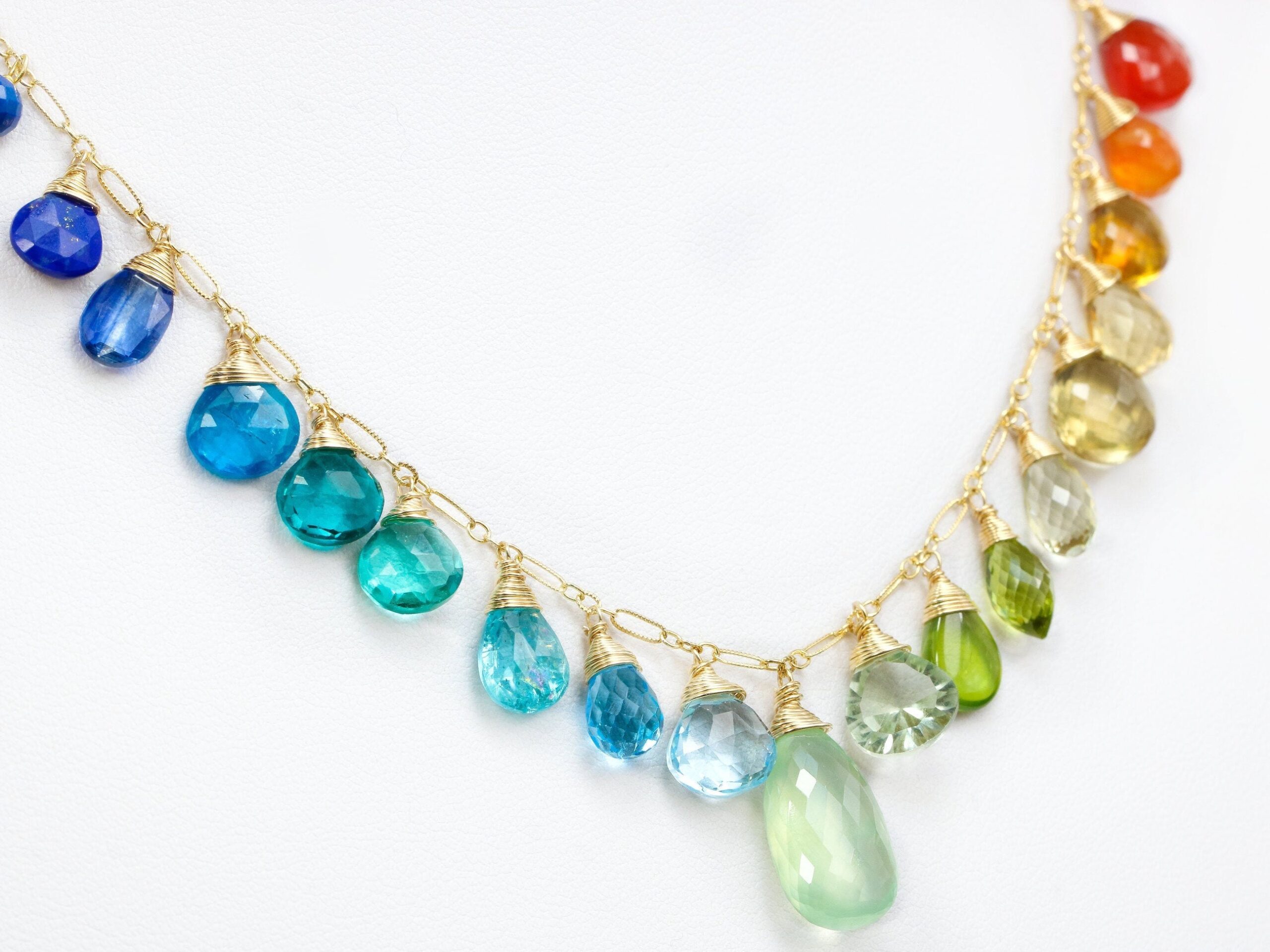 Solid Gold 14K Rainbow Multi Gemstone Necklace, Precious Drop Necklace