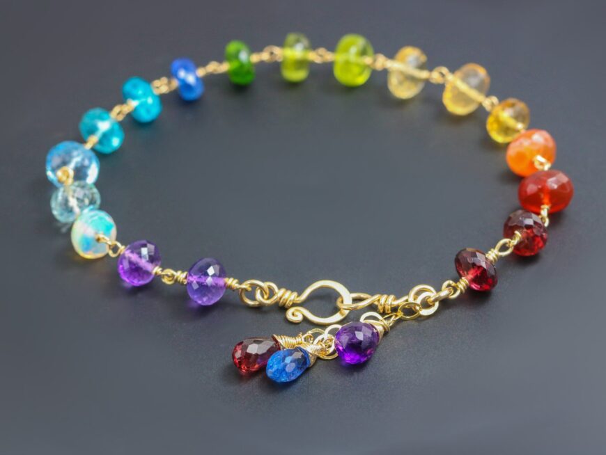 Solid Gold 14K Rainbow Precious Gemstone Wire Wrapped Bracelet with Hook Jewelry Clasp Type