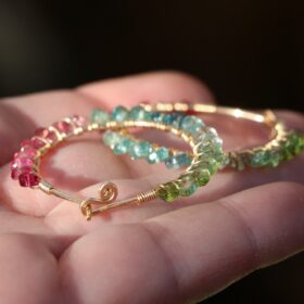 The Magic Kiss Earrings – Pink Green and Blue Tourmaline Earrings Wire Wrapped Gemstone Hoop Earrings in Gold Filled